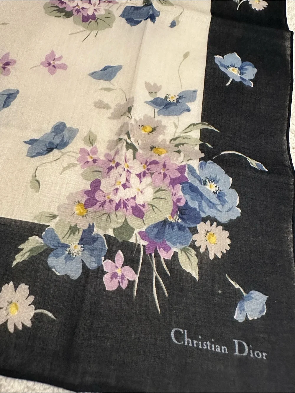 Vintage Christian Dior Floral Cotton Square Scarf Black Border 16.5” EUC